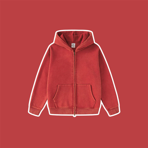 Obsidian Phoenix Kids' Luxury Double-Head Zipper Hoodie - 355gsm Retro Washed Thick Warm Hooded Sweater Jacket
