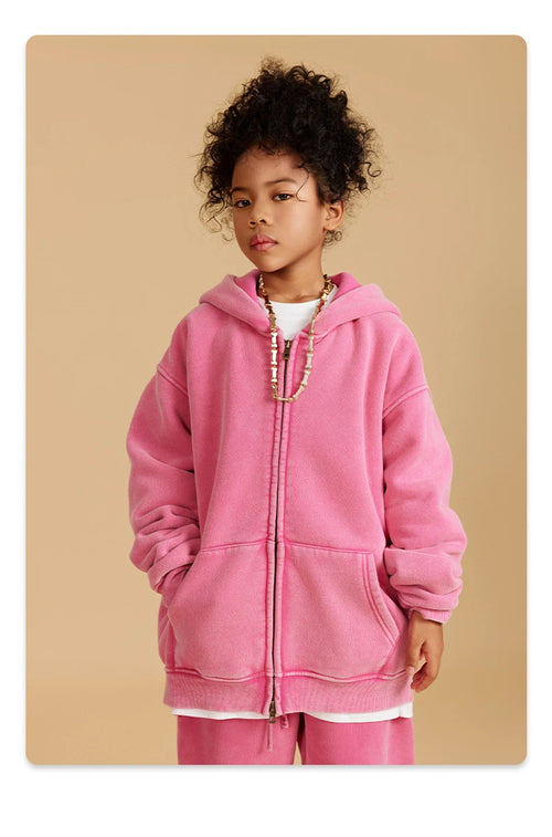Obsidian Phoenix Kids' Luxury Double-Head Zipper Hoodie - 355gsm Retro Washed Thick Warm Hooded Sweater Jacket