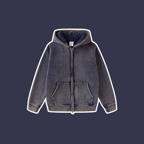 Obsidian Phoenix Kids' Luxury Double-Head Zipper Hoodie - 355gsm Retro Washed Thick Warm Hooded Sweater Jacket