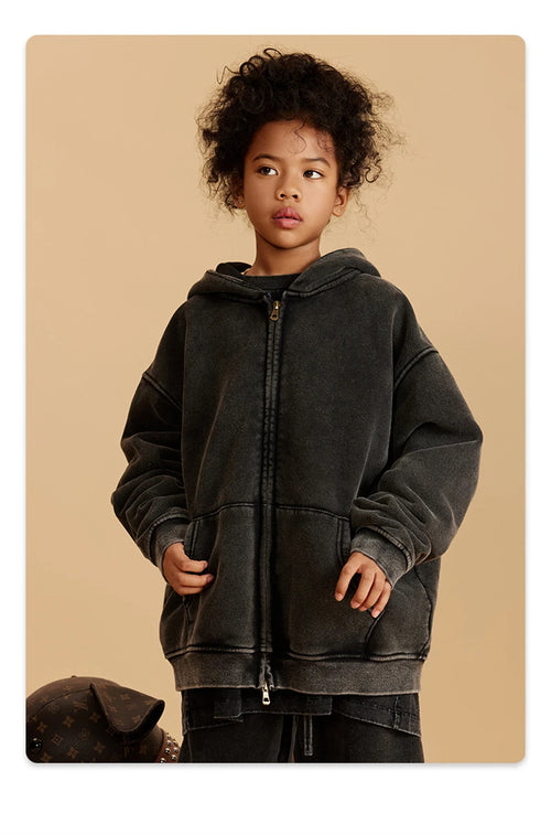 Obsidian Phoenix Kids' Luxury Double-Head Zipper Hoodie - 355gsm Retro Washed Thick Warm Hooded Sweater Jacket