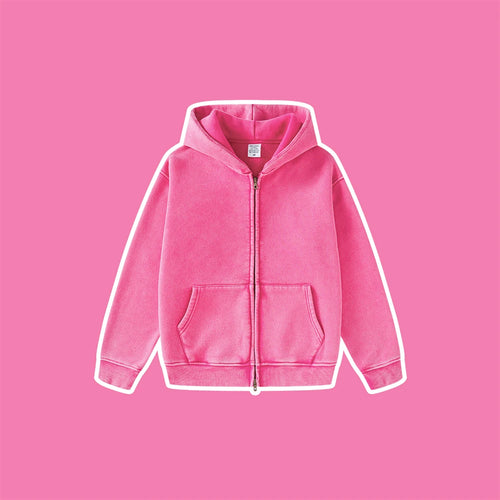 Obsidian Phoenix Kids' Luxury Double-Head Zipper Hoodie - 355gsm Retro Washed Thick Warm Hooded Sweater Jacket