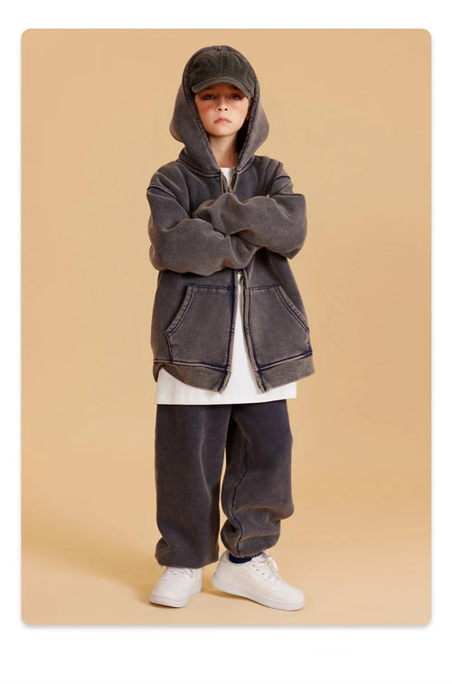 Obsidian Phoenix Kids' Luxury Double-Head Zipper Hoodie - 355gsm Retro Washed Thick Warm Hooded Sweater Jacket