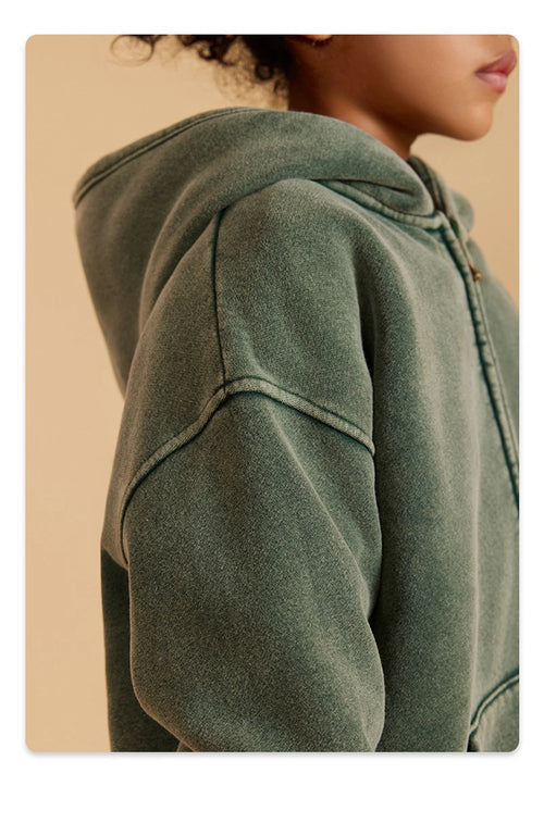 Obsidian Phoenix Kids' Luxury Double-Head Zipper Hoodie - 355gsm Retro Washed Thick Warm Hooded Sweater Jacket