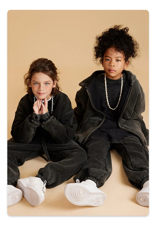 Obsidian Phoenix Kids' Luxury Double-Head Zipper Hoodie - 355gsm Retro Washed Thick Warm Hooded Sweater Jacket