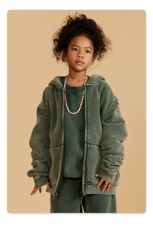Obsidian Phoenix Kids' Luxury Double-Head Zipper Hoodie - 355gsm Retro Washed Thick Warm Hooded Sweater Jacket
