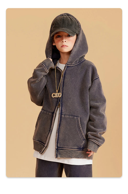 Obsidian Phoenix Kids' Luxury Double-Head Zipper Hoodie - 355gsm Retro Washed Thick Warm Hooded Sweater Jacket