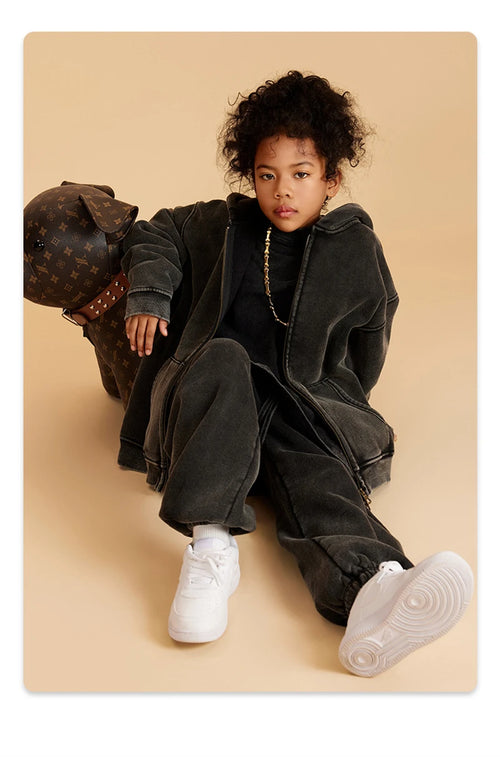Obsidian Phoenix Kids' Luxury Double-Head Zipper Hoodie - 355gsm Retro Washed Thick Warm Hooded Sweater Jacket