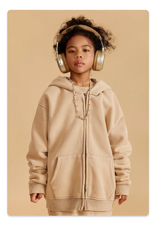 Obsidian Phoenix Kids' Luxury Double-Head Zipper Hoodie - 355gsm Retro Washed Thick Warm Hooded Sweater Jacket