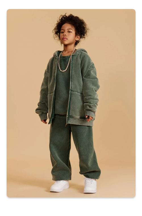 Obsidian Phoenix Kids' Luxury Double-Head Zipper Hoodie - 355gsm Retro Washed Thick Warm Hooded Sweater Jacket