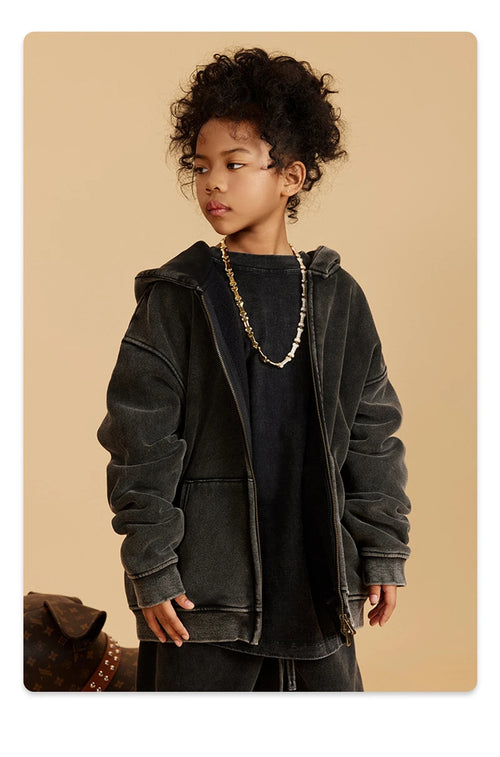 Obsidian Phoenix Kids' Luxury Double-Head Zipper Hoodie - 355gsm Retro Washed Thick Warm Hooded Sweater Jacket