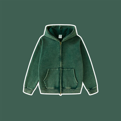 Obsidian Phoenix Kids' Luxury Double-Head Zipper Hoodie - 355gsm Retro Washed Thick Warm Hooded Sweater Jacket