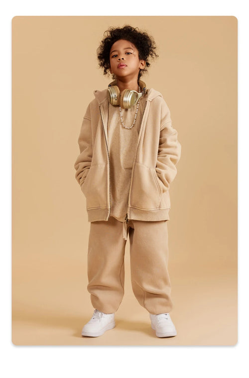 Obsidian Phoenix Kids' Luxury Double-Head Zipper Hoodie - 355gsm Retro Washed Thick Warm Hooded Sweater Jacket