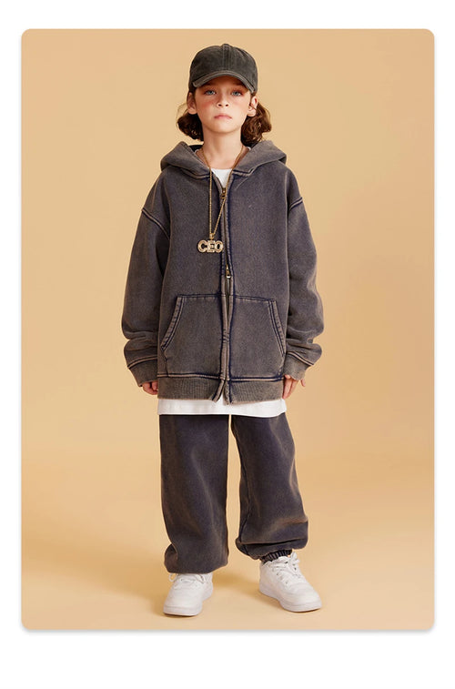 Obsidian Phoenix Kids' Luxury Double-Head Zipper Hoodie - 355gsm Retro Washed Thick Warm Hooded Sweater Jacket