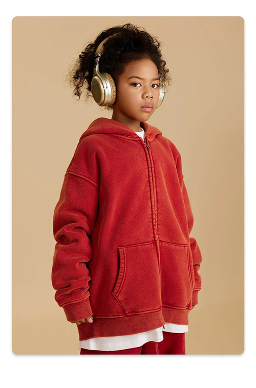 Obsidian Phoenix Kids' Luxury Double-Head Zipper Hoodie - 355gsm Retro Washed Thick Warm Hooded Sweater Jacket