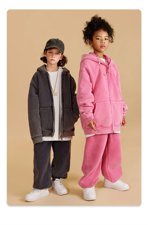 Obsidian Phoenix Kids' Luxury Double-Head Zipper Hoodie - 355gsm Retro Washed Thick Warm Hooded Sweater Jacket