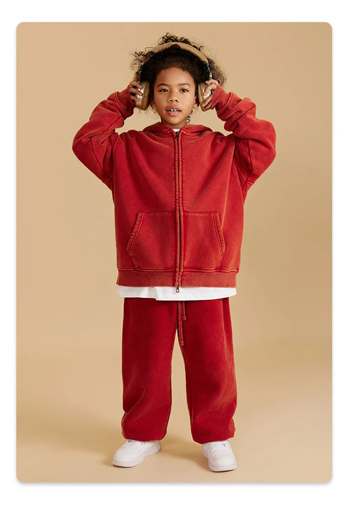 Obsidian Phoenix Kids' Luxury Double-Head Zipper Hoodie - 355gsm Retro Washed Thick Warm Hooded Sweater Jacket