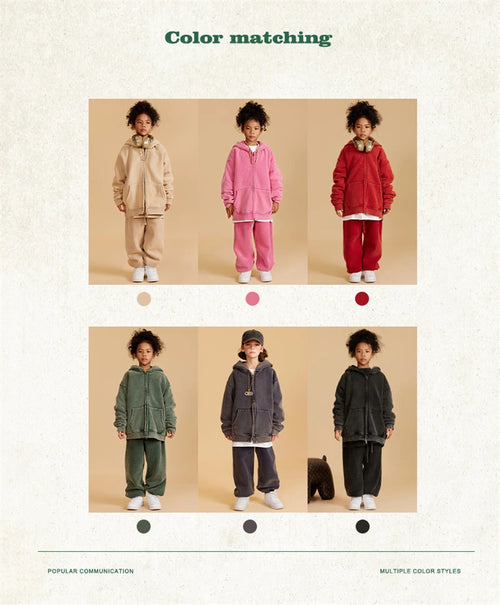 Obsidian Phoenix Kids' Luxury Double-Head Zipper Hoodie - 355gsm Retro Washed Thick Warm Hooded Sweater Jacket