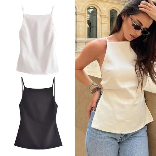 Celestial Comfort Backless Crop Top - Black/White, Sleeveless with Thin Straps, Sexy Party Streetwear Summer Style - Celestial Comfort Clothing