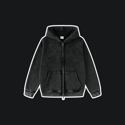 Obsidian Phoenix Kids' Luxury Double-Head Zipper Hoodie - 355gsm Retro Washed Thick Warm Hooded Sweater Jacket